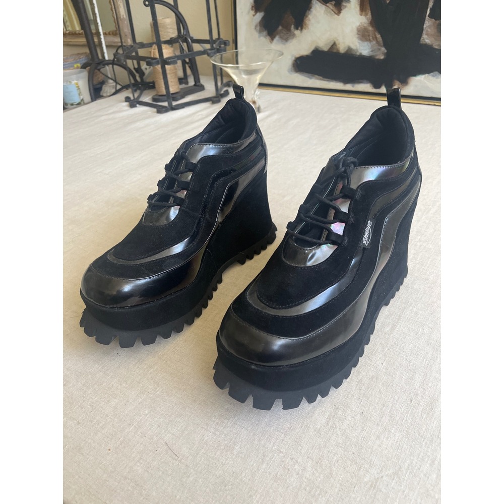 Shellys London Y2K Goth Cyber Tractor Lug Wedge Suede Patent Chunky Wedge 41